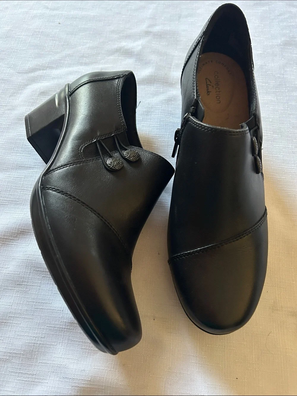 Clarks Black Leather Slip-On Loafers with Side Button Detail